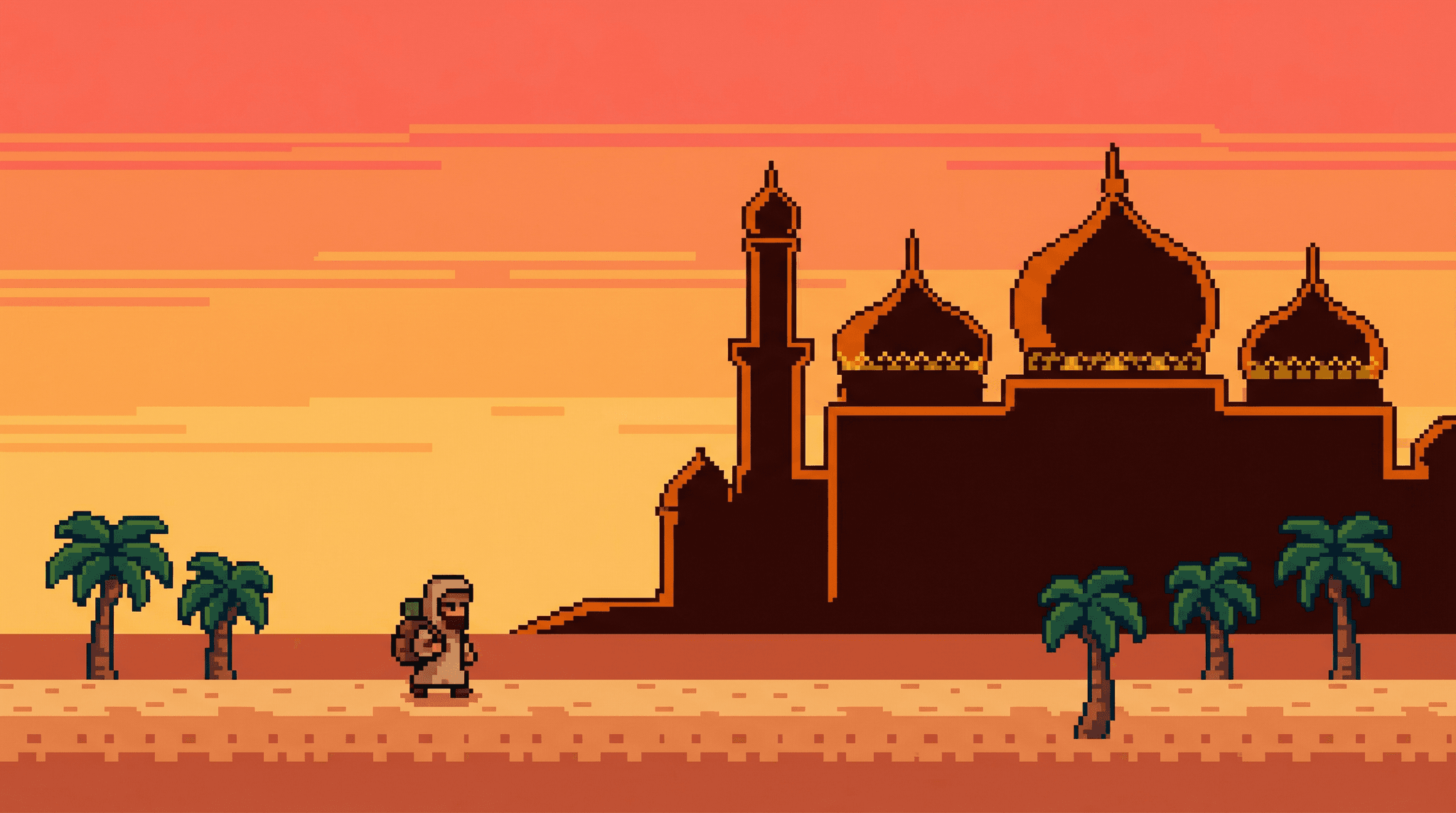Pixel art character walking toward a mosque at sunset
